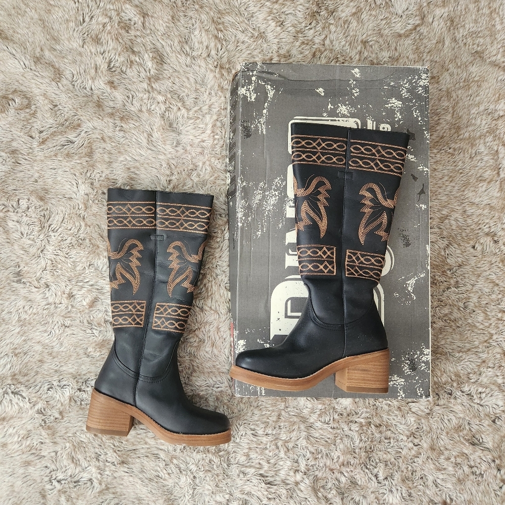 Free People‎ Dingo 1969 Avalon Stacked Heel Leather Boot Black Women's Size 8